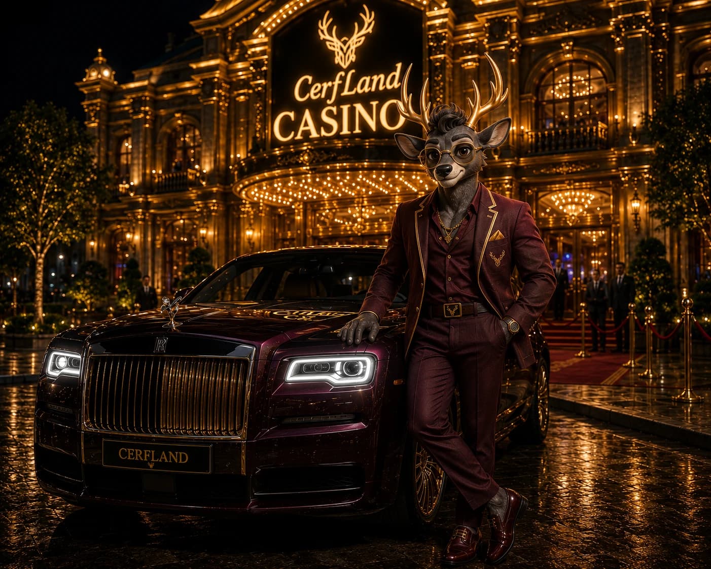 Une scène de l’univers jouable CerfLand Casino, produite au Studio : l’arrivée, en lumière basse.